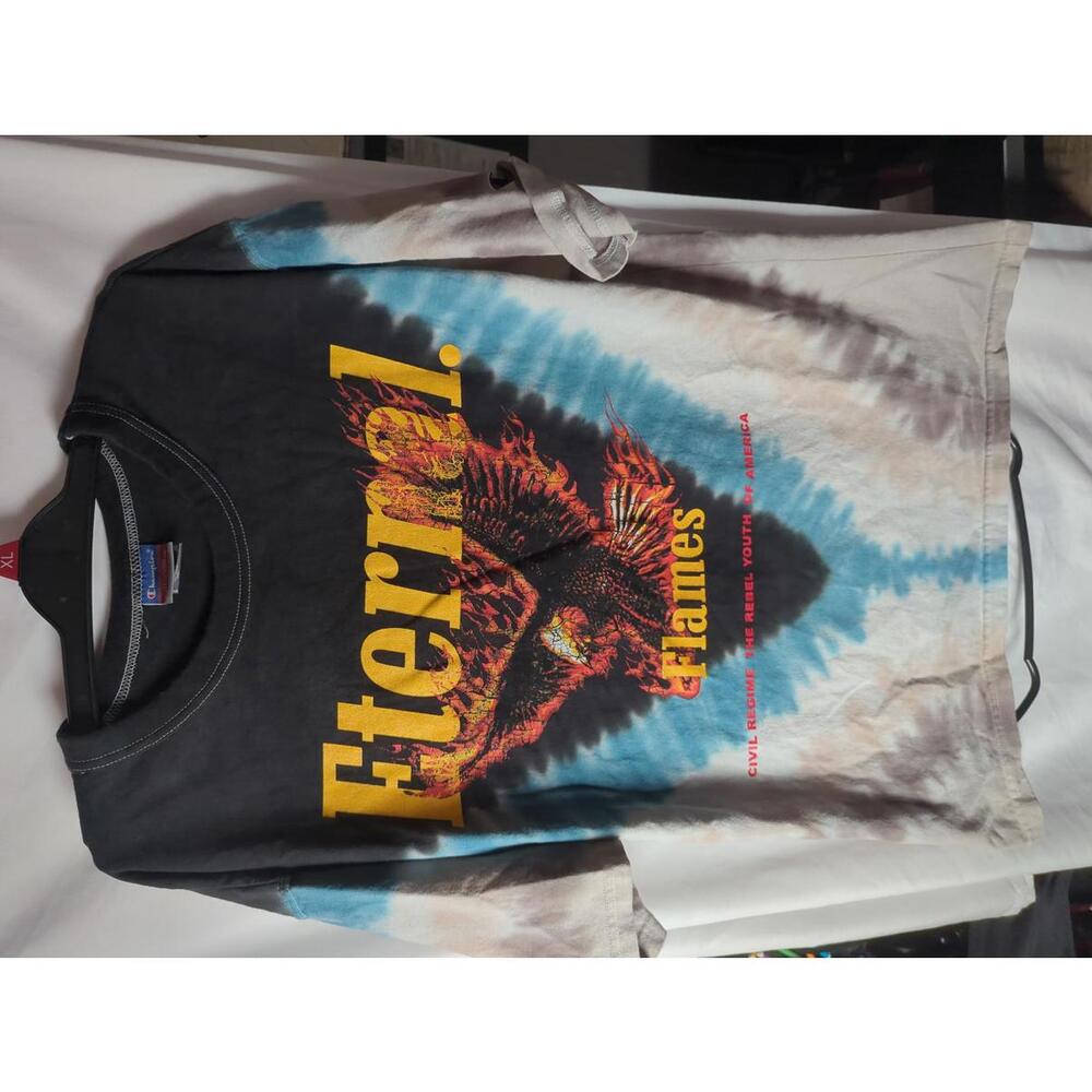 VTG Y2K Champion Tie-Dye Graphic T-Shirt Size L Eternal Flames Rebel Youth Rare